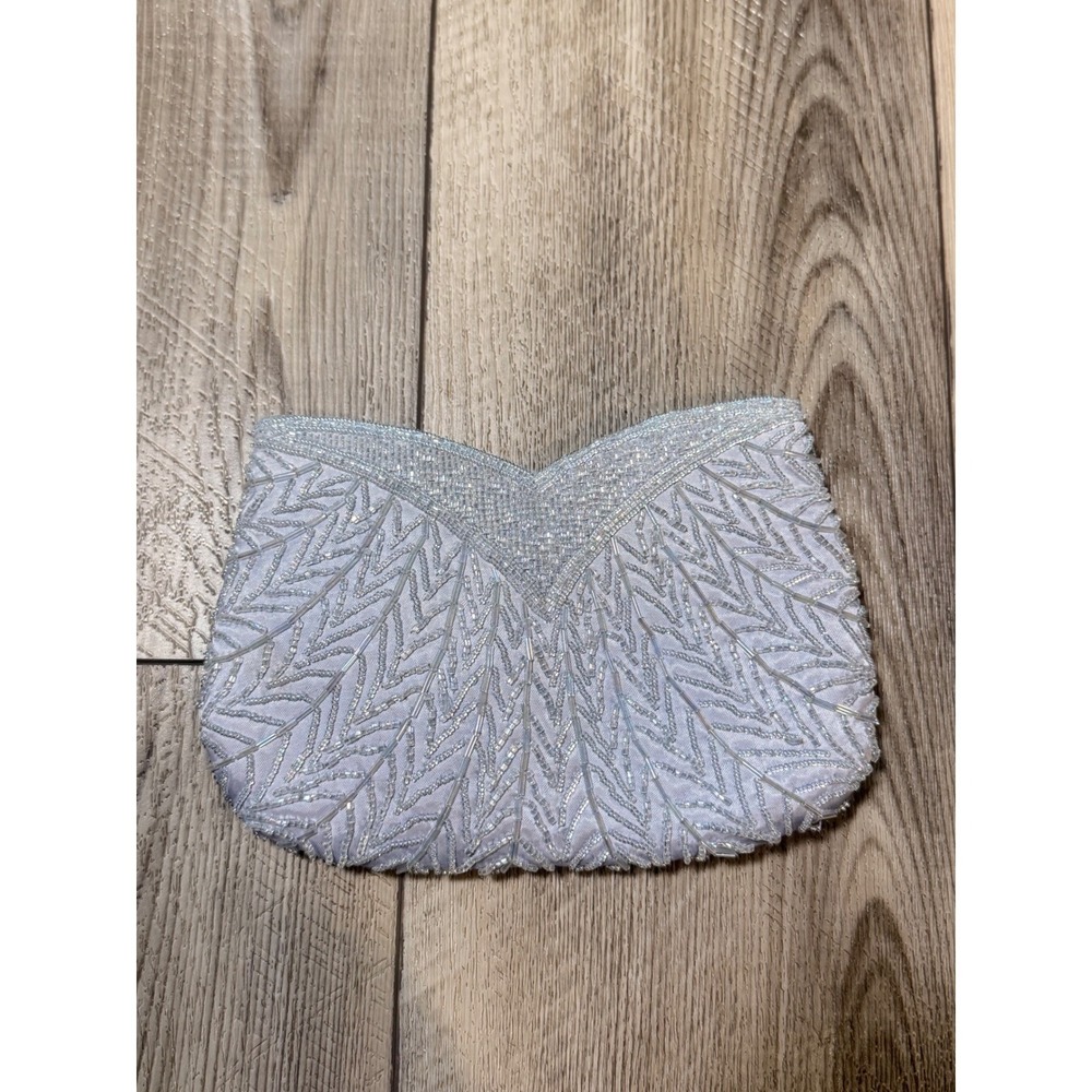 Vintage Beaded Evening Retro Clutch Bag Silver Bugle Bead Formal Wedding Purse